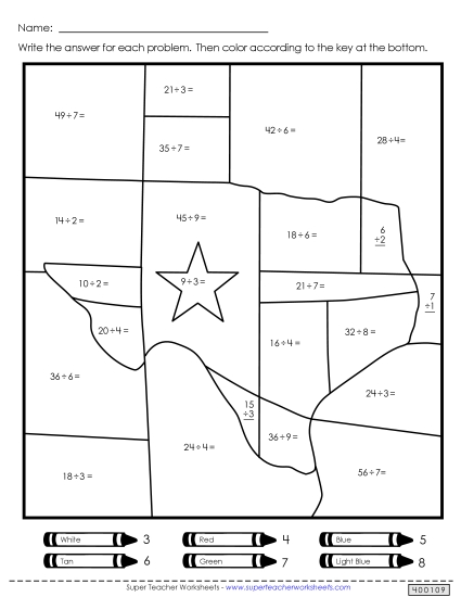 Math Worksheets - Texas Division Mystery Picture Math Worksheets - Texas Division Mystery Picture