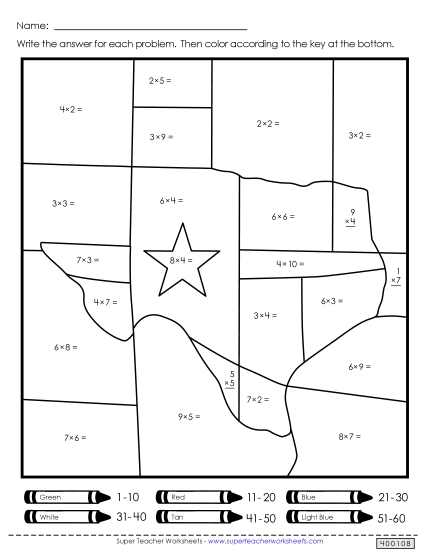 Math Worksheets - Texas Multiplication Mystery Picture