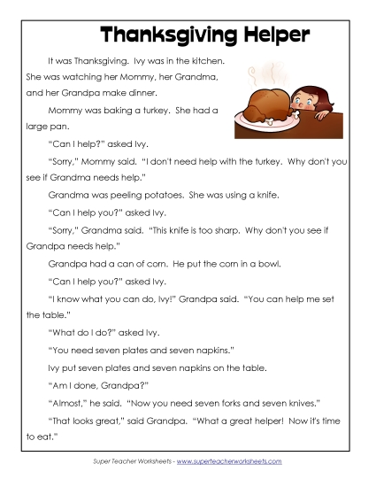 Thanksgiving Reading Comprehension - Thanksgiving Helper (Fiction)