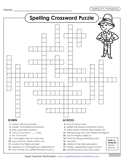 Worksheets and Puzzles - Thanksgiving Spelling Crossword Worksheets and Puzzles - Thanksgiving Spelling Crossword