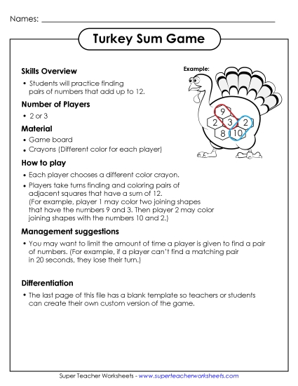 Holiday Sum Game - Thanksgiving Sum Game
