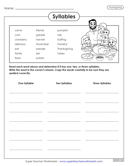 Early Literacy (Very Basic) - Thanksgiving Syllables
