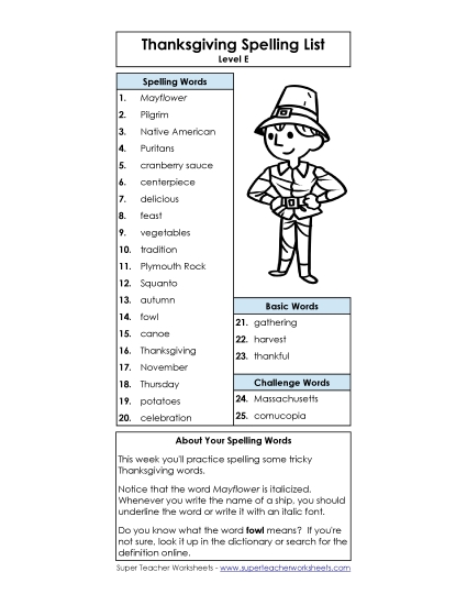 Spelling List - Thanksgiving Word List