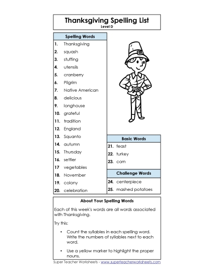 Spelling List - Thanksgiving Word List (D-Thanksgiving) Spelling List - Thanksgiving Word List (D-Thanksgiving)