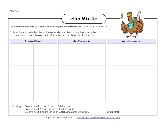 Thanksgiving Games, Puzzles, & Activities - Thanksgiving Word Mix-Up (Intermediate)