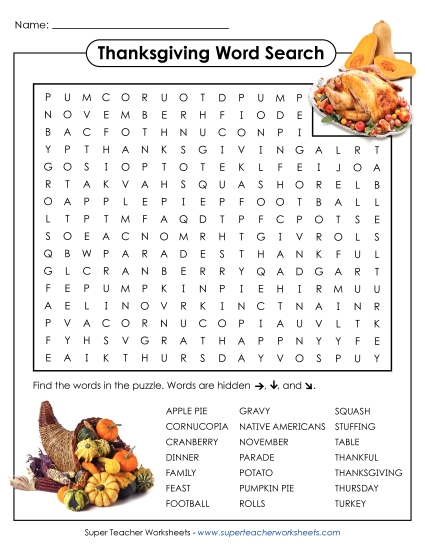 Thanksgiving Games, Puzzles, & Activities - Thanksgiving Word Search