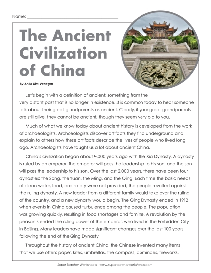 Reading Comprehension - The Ancient Civilization of China