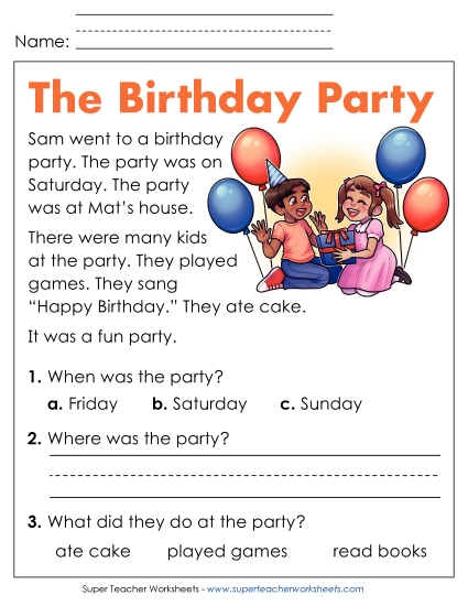 Reading Comprehension and Additional ELA Skills - The Birthday Party Reading Comprehension and Additional ELA Skills - The Birthday Party