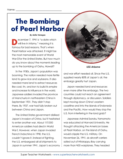 Reading Comprehension - The Bombing of Pearl Harbor Reading Comprehension - The Bombing of Pearl Harbor