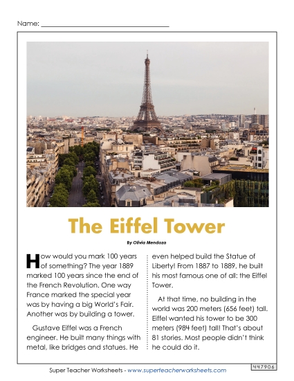 Reading Comprehension - The Eiffel Tower Reading Comprehension - The Eiffel Tower