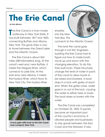 Reading Comprehension - The Erie Canal Reading Comprehension - The Erie Canal
