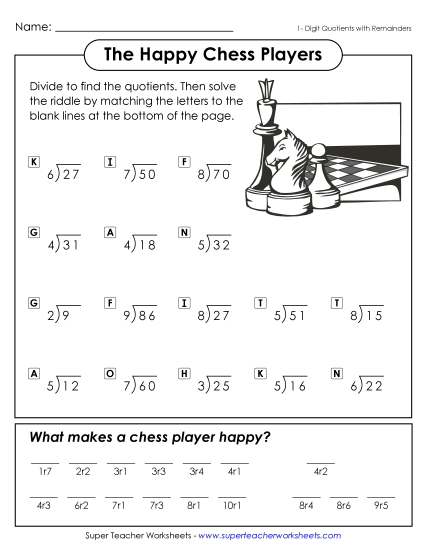 Division - The Happy Chess Player (1-Digit Quotients w/ Remainders) Division - The Happy Chess Player (1-Digit Quotients w/ Remainders)