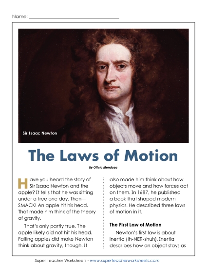 Nonfiction Articles - The Laws of Motion (Printable PDF Worksheet)