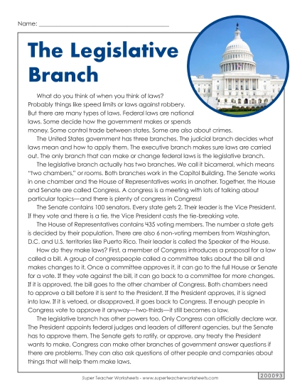 Reading Comprehension - The Legislative Branch