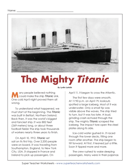 Nonfiction Articles - The Mighty Titanic (Printable PDF Worksheet)