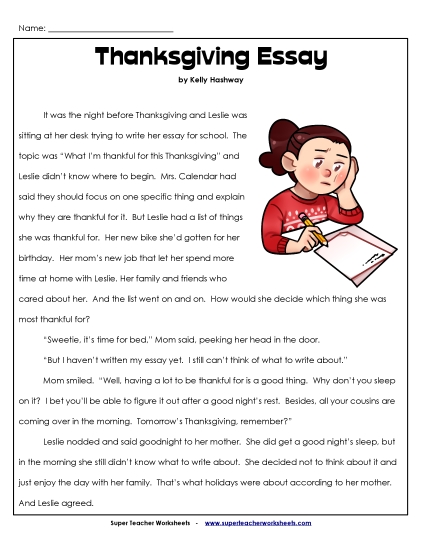 Thanksgiving Reading Comprehension - The Thanksgiving Essay (Fiction)