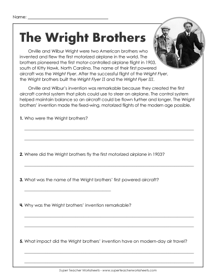Reading Comprehension - The Wright Brothers (Short Passage w/ Questions) Reading Comprehension - The Wright Brothers (Short Passage w/ Questions)