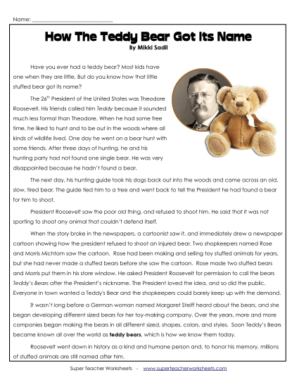 Reading Comprehension Passages - Theodore Roosevelt: How the Teddy Bear Got It's Name Reading Comprehension Passages - Theodore Roosevelt: How the Teddy Bear Got It's Name