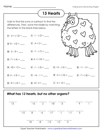 Integers - Thirteen Hearts, But No Organs? (Add and Subtract Integers) Integers - Thirteen Hearts, But No Organs? (Add and Subtract Integers)