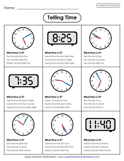Reading Clocks: Nearest 5 Minutes - Time Nearest 5 Mins (Multiple Choice) Reading Clocks: Nearest 5 Minutes - Time Nearest 5 Mins (Multiple Choice)
