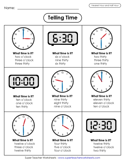 Reading Clocks: Nearest Half Hour - Time Nearest Half Hour (Multiple Choice) Reading Clocks: Nearest Half Hour - Time Nearest Half Hour (Multiple Choice)