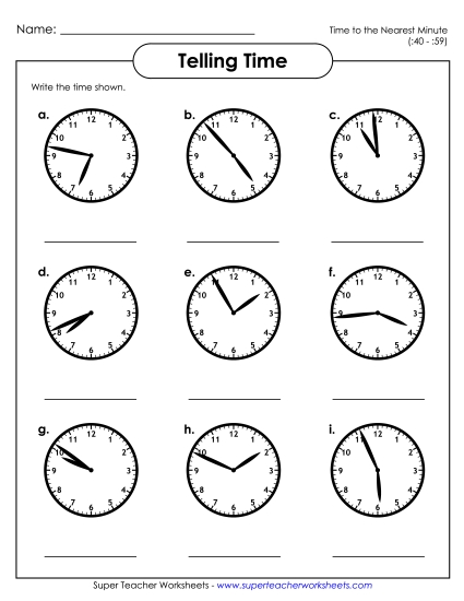 Reading Clocks: Nearest Minute - Time to the Nearest Minute: 40 - 59 Only Reading Clocks: Nearest Minute - Time to the Nearest Minute: 40 - 59 Only
