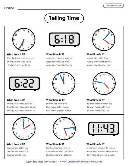 Reading Clocks: Nearest Minute - Time to the Nearest Minute (Multiple Choice) Reading Clocks: Nearest Minute - Time to the Nearest Minute (Multiple Choice)