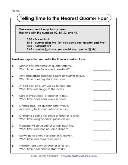 Quarter Hours - Time Worksheet (Quarter Hour)