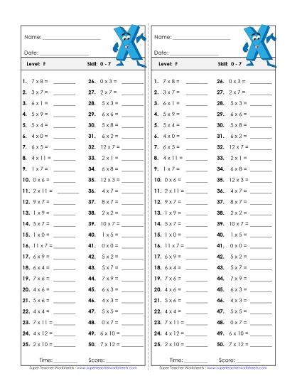 All Facts 0s through 7s - Timed Quiz 0-7