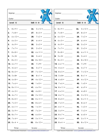 All Facts 0s through 8s - Timed Quiz 0-8