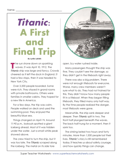 Nonfiction Articles - Titanic: A First and Final Trip (Printable PDF Worksheet)