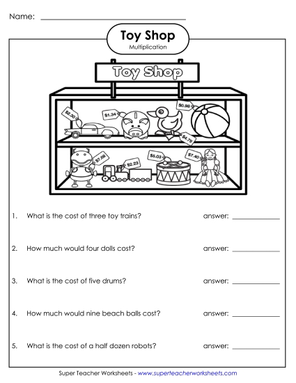 Money Times 1-Digit Worksheets - Toy Shop Multiplication Money: 1-digit