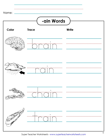 Worksheets - Trace and Write (-ain) Worksheets - Trace and Write (-ain)