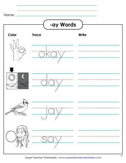 Worksheets - Trace and Write (-ay)