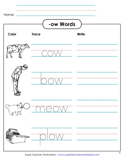/ow/ Sound (as in Cow) - Trace and Write (-ow)