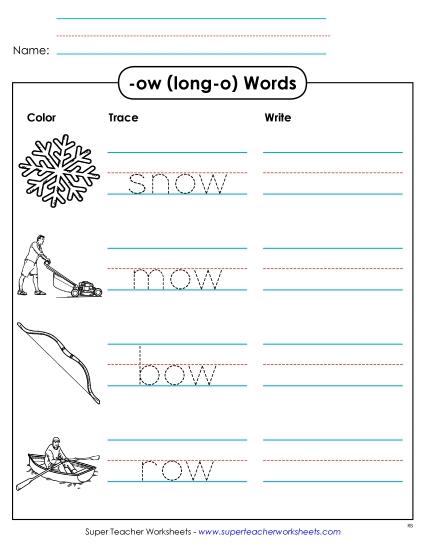 Long-O Sound (as in Grow) - Trace and Write (-ow)