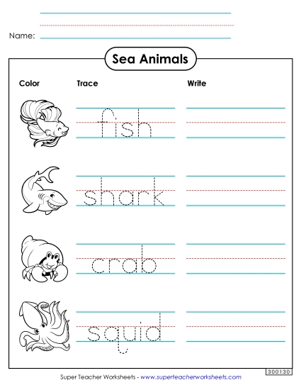 Worksheets & Activities - Trace and Write: Sea Animals