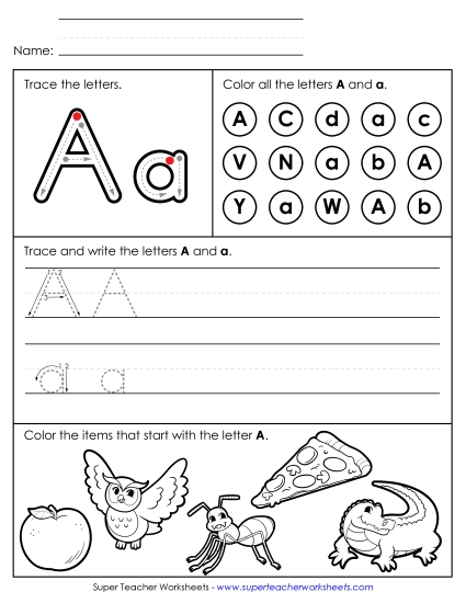 Letter A: Mixed Skills - Tracing, Writing, and Recognizing Letter A
