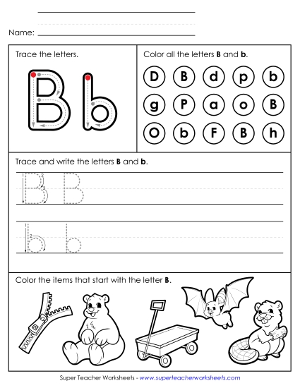 Letter B: Mixed Skills - Tracing, Writing, and Recognizing Letter B