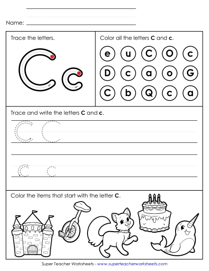 Letter C: Mixed Skills - Tracing, Writing, and Recognizing Letter C
