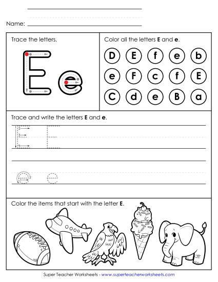 Letter E: Mixed Skills - Tracing, Writing, and Recognizing Letter E