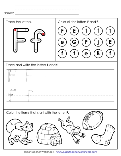 Letter F: Mixed Skills - Tracing, Writing, and Recognizing Letter F