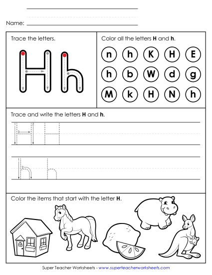 Letter H: Mixed Skills - Tracing, Writing, and Recognizing Letter H