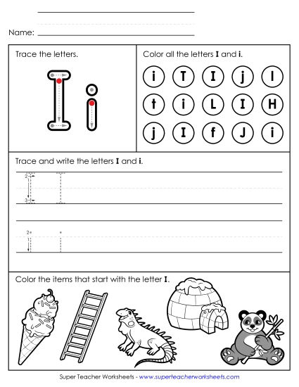 Letter I: Mixed Skills - Tracing, Writing, and Recognizing Letter I