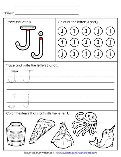 Letter J: Mixed Skills - Tracing, Writing, and Recognizing Letter J