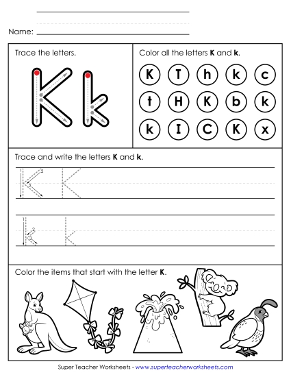 Letter K: Mixed Skills - Tracing, Writing, and Recognizing Letter K