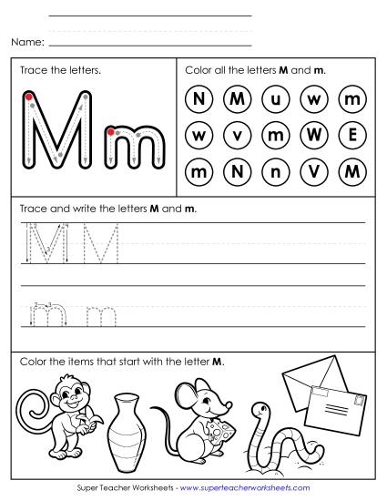 Letter M: Mixed Skills - Tracing, Writing, and Recognizing Letter M