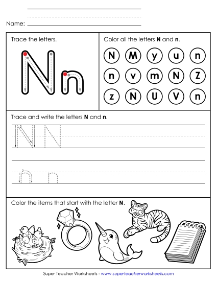 Letter N: Mixed Skills - Tracing, Writing, and Recognizing Letter N