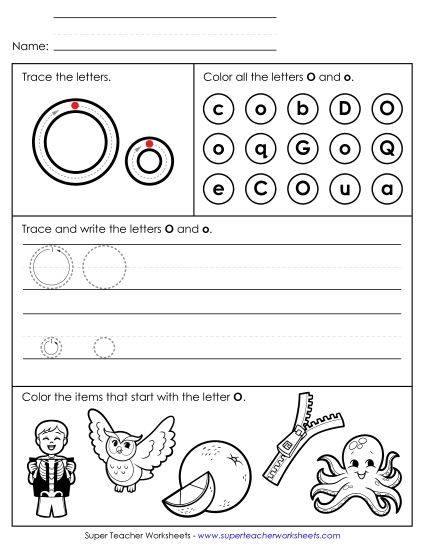 Letter O: Mixed Skills - Tracing, Writing, and Recognizing Letter O