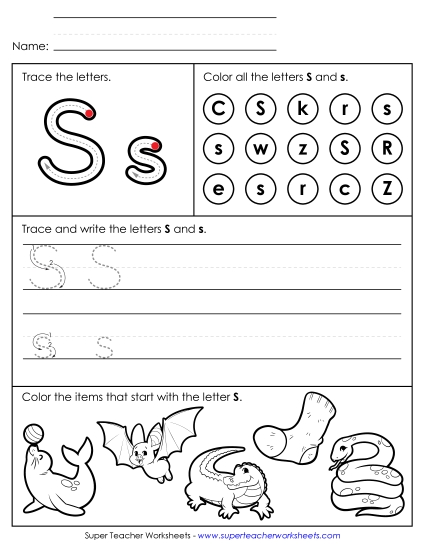 Letter S: Mixed Skills - Tracing, Writing, and Recognizing Letter S
